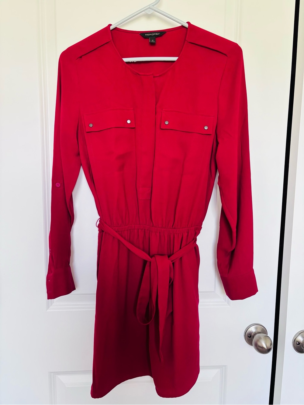 Banana Republic Bright Red Long-Sleeve Tie-Waist Shirt Dress